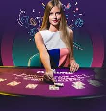 Bikini Paradise live-dealer studio with tropical décor and professional dealers at blackjack and baccarat tables